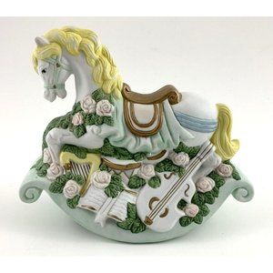 Vintage Rocking Horse Wind-up Music Box. White, Yellow, Green. Flowers, Violin.